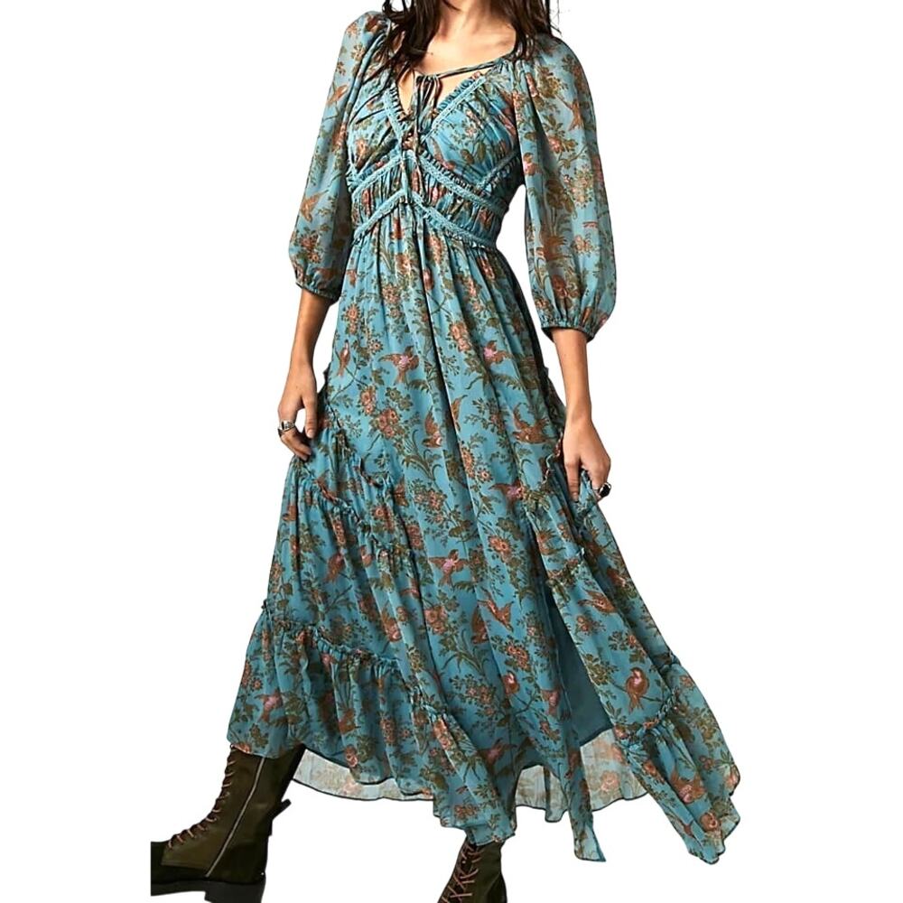 Free People You're A Jewel Maxi Dress Womens XL Blue Floral Tiered Flowy Boho